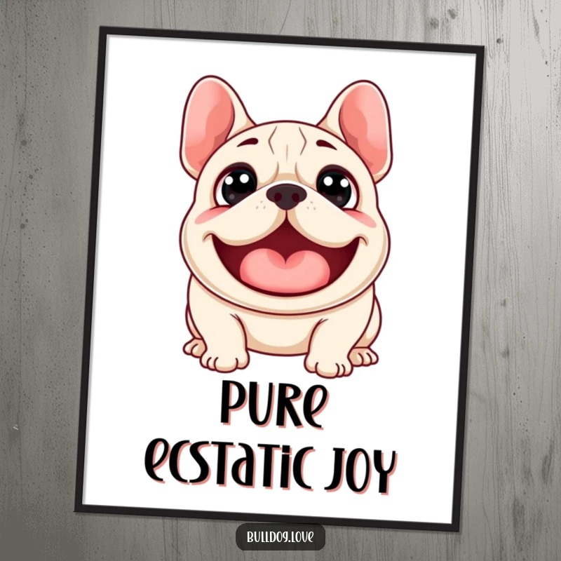 Funny poster featuring a surprised bulldog with wide eyes, mid-woof, capturing a moment of hilarious, joyful surprise.