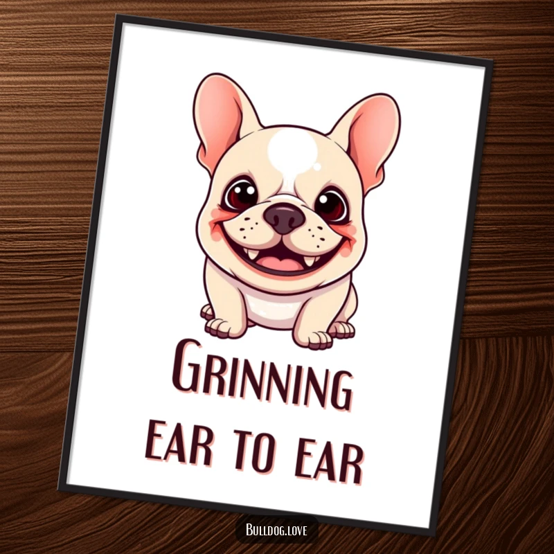 Funny Kawaii Bulldog Poster featuring a delighted dog with a goofy grin and floppy ears bouncing, adding a humorous touch to wall decor.