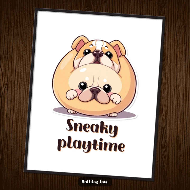 Funny bulldog poster, high-quality print, a dog peeking from behind a large squeaky toy, looking mischievous.
