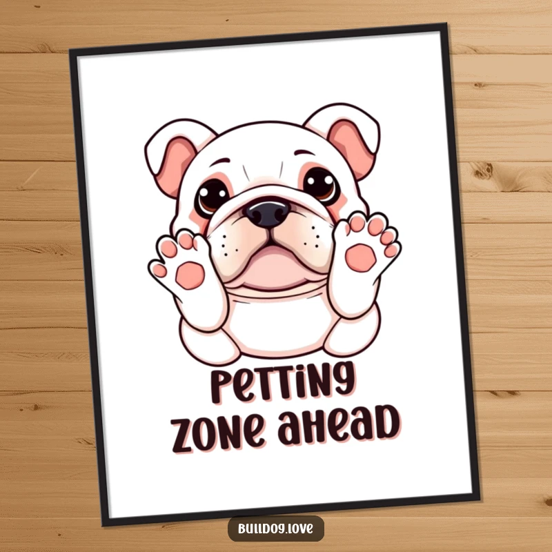 Funny Kawaii Bulldog Poster featuring a dog with paws up, adorably asking for a belly rub, adding heartwarming and humorous wall decor.