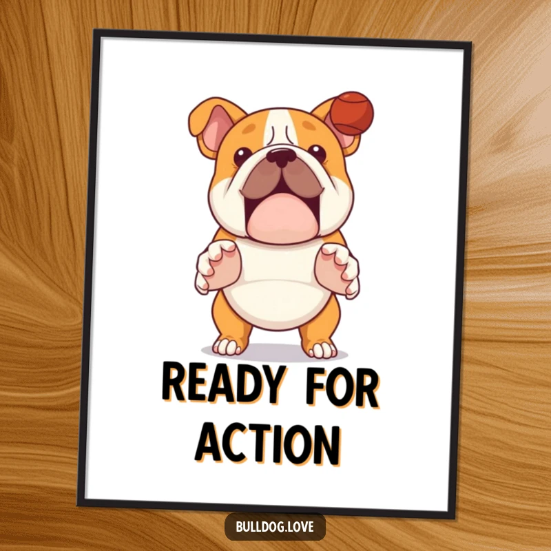 Funny action bulldog poster, high-quality print, a dog with paws outstretched, focused on catching a ball.