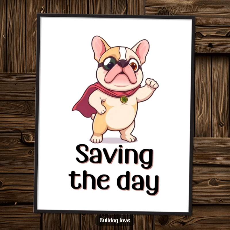 Funny Poster print: A cute bulldog wears a tiny cape, striking a valiant and heroic pose with an inspiring expression.