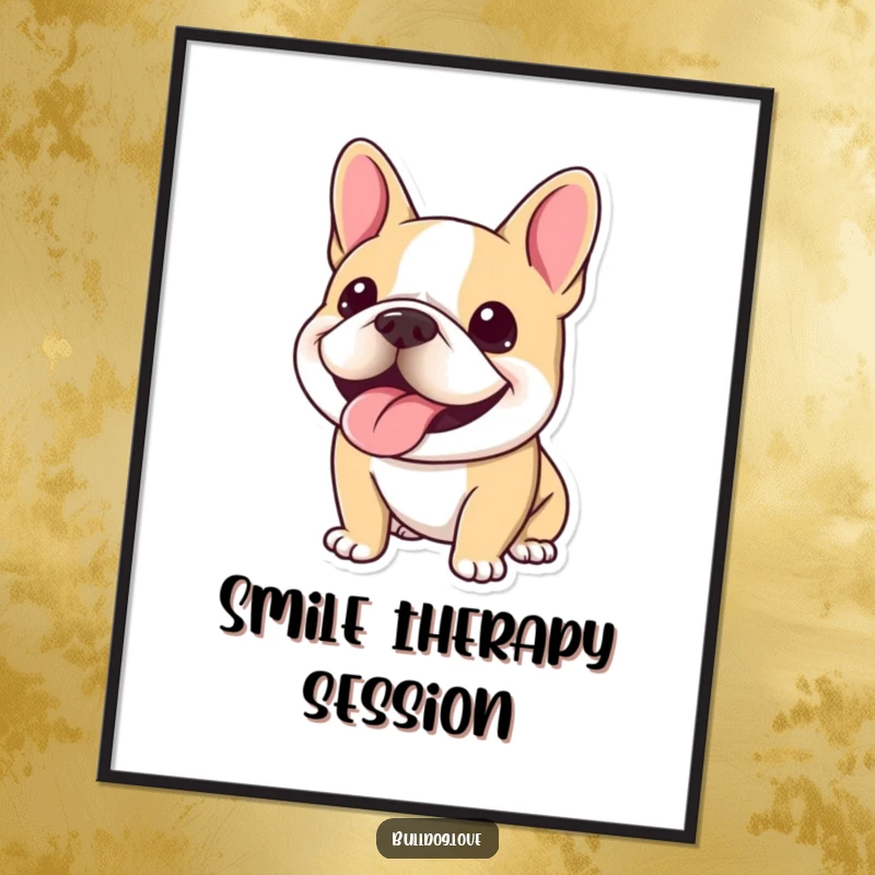 Funny Kawaii Bulldog Poster capturing a dog with a massive, happy panting smile, radiating pure, contagious joy.