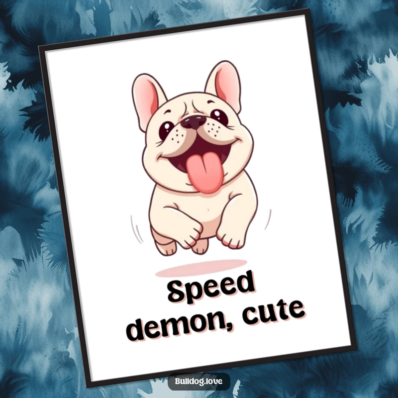Funny Kawaii Bulldog Poster depicting an excited dog running with its tongue out, adding vibrant and humorous energy to wall decor.