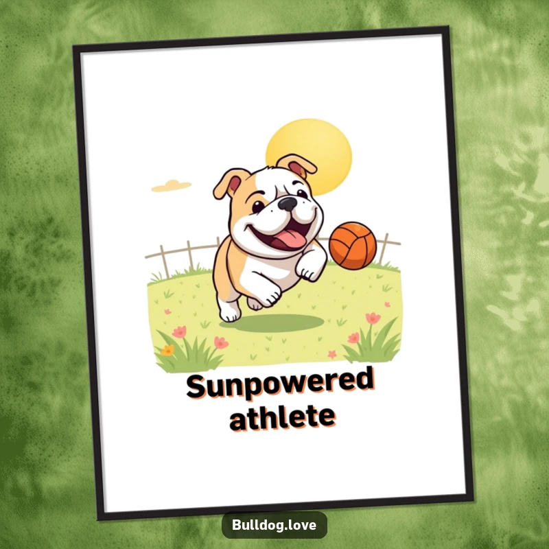 Funny poster illustration of a gleeful bulldog in full sprint, joyfully chasing a bouncing ball across a bright, sunny field, brimming with energy.