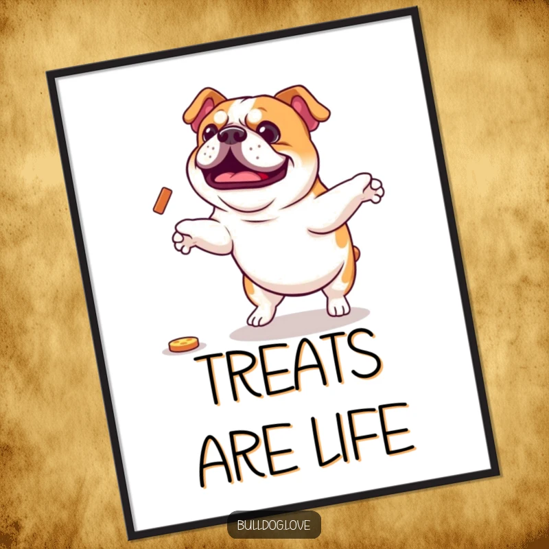 Funny Bulldog Poster: An excited bulldog captured in a silly, enthusiastic jump for a treat. Vibrant and funny gift.