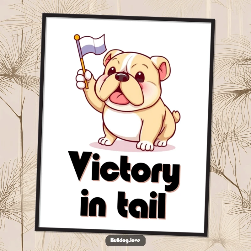 Funny bulldog poster featuring an enthusiastic dog waving a small flag, tail wagging joyfully, a symbol of celebration.