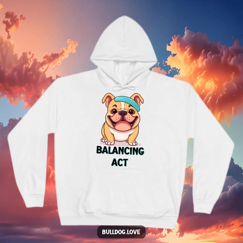 Funny hoodie graphic of a bulldog with a comically wide grin, focused on balancing a frisbee on its nose, a hilarious depiction of doggy talent.