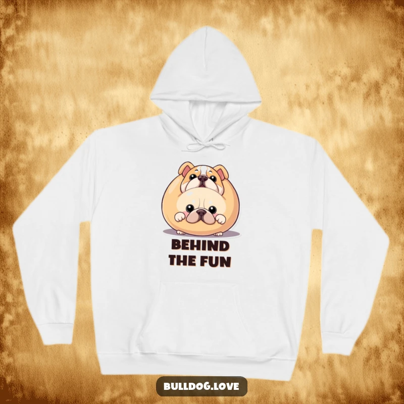 Funny bulldog hoodie, cozy and warm, showing a dog peeking from behind a large squeaky toy.