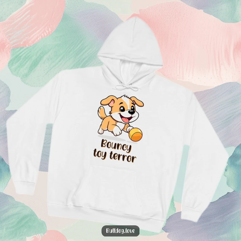 Funny Energetic Dog Hoodie: Energetic dog with a wide grin, bounding with excitement after a bouncy toy.
