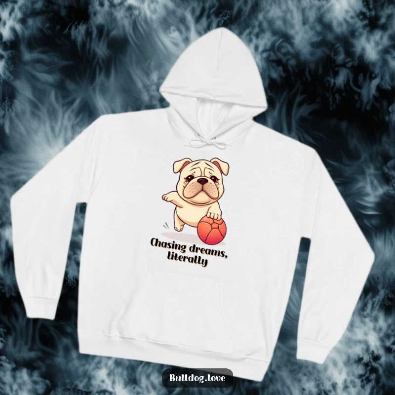 Funny Stocky Dog Hoodie: Wrinkled dog with determined expression chasing a colorful ball with great enthusiasm.