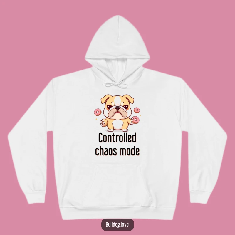 Funny Juggling Bulldog Hoodie: Stressed Pup & Donuts, Cozy Humorous Gift for Tough Days