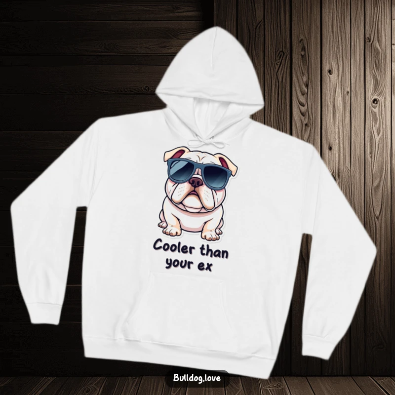 Funny bulldog hoodie featuring a dog wearing oversized sunglasses, radiating a cool, laid-back, and stylish vibe.