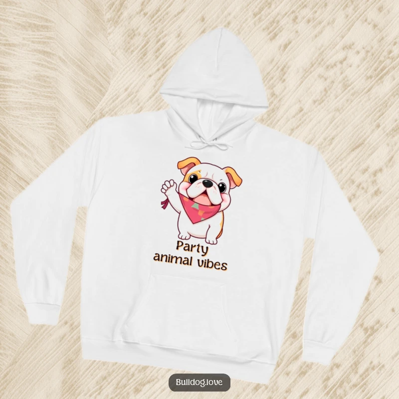 Funny bulldog hoodie, enthusiastically waving a bright bandana, looking festive and ready to mingle, perfect for events.