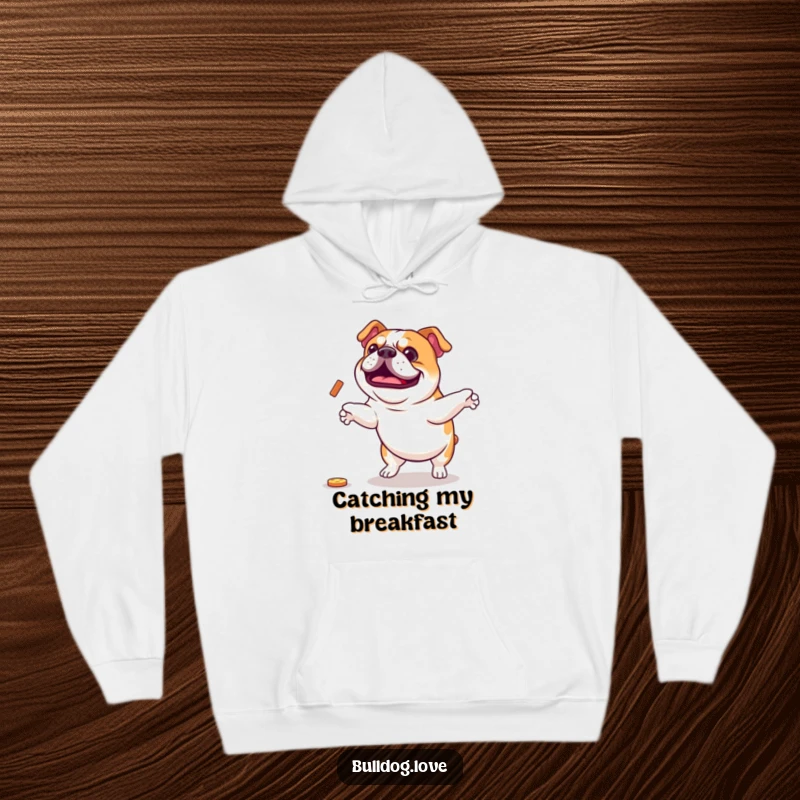 Funny Bulldog Hoodie: A cozy hoodie depicting an enthusiastic bulldog caught in a joyful leap for a treat. Great funny gift.