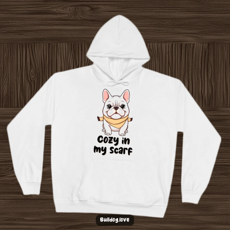 Funny Bulldog Hoodie: A cuddly hoodie featuring a determined bulldog wearing a charming tiny scarf, exuding warmth and humor. Great funny gift.