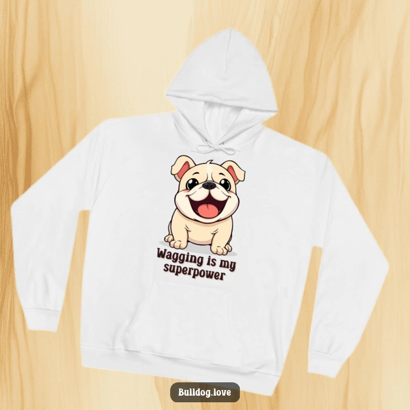 Funny Kawaii Bulldog Hoodie showing a dog with its tail going a mile a minute, full of happy excitement.