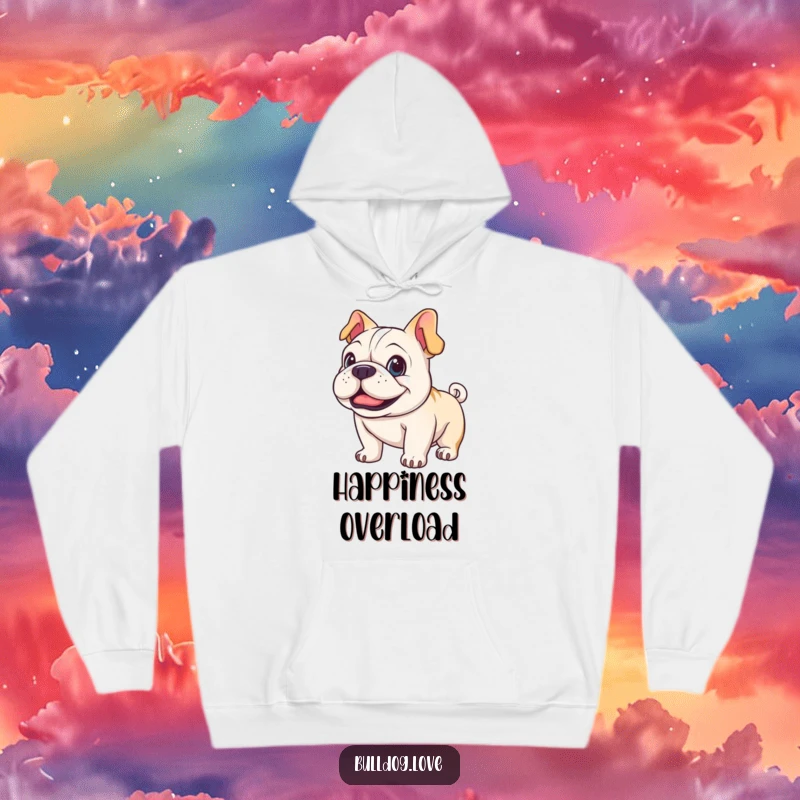 Funny cozy bulldog hoodie, featuring a happy dog with bright eyes and an enthusiastically wagging tail.