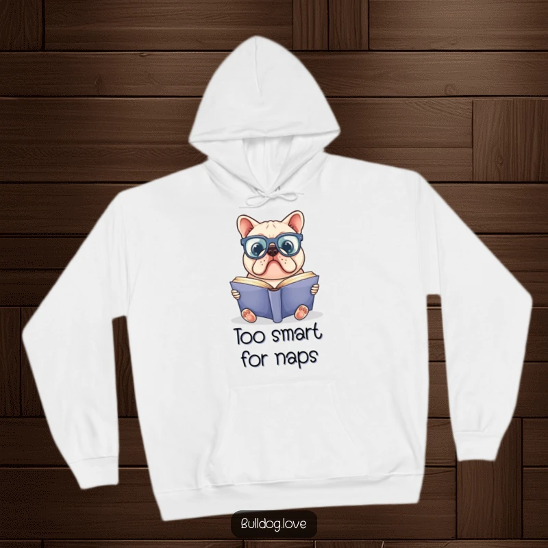 Funny bulldog hoodie featuring a bulldog wearing oversized glasses, absorbed in reading a large book, perfect for cozy literary enthusiasts.