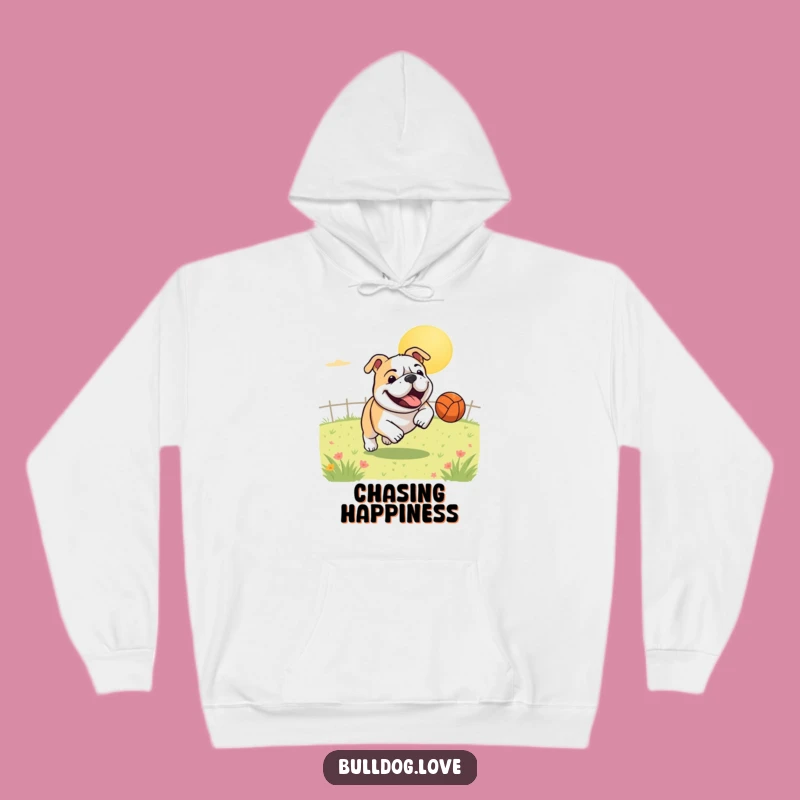 Funny Bulldog Ball Hoodie: Cozy Up with a Gleeful Pup's Playful Chase