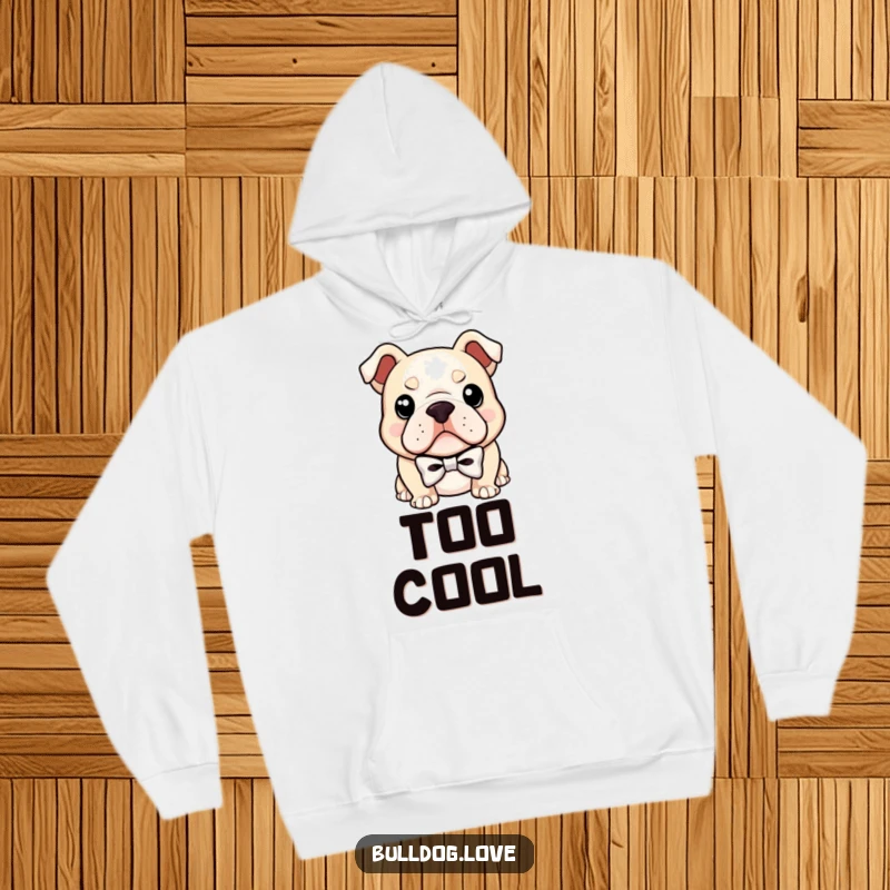 Funny hoodie image of a bulldog wearing a small bowtie, with a confident smirk that suggests it knows all the best secrets.