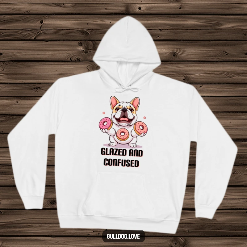 Funny hoodie showcasing a cute bulldog expertly juggling three delicious donuts with an expression of focused, delightful concentration.