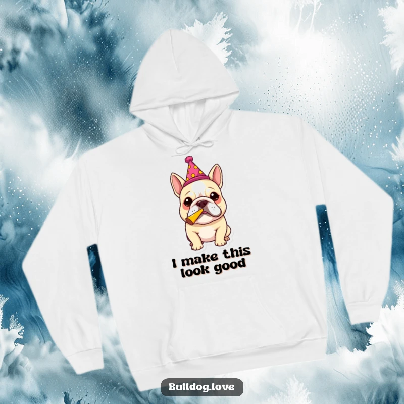 Funny bulldog blowing a party horn while wearing a festive hat, depicted on a warm hoodie, radiating infectious party energy.