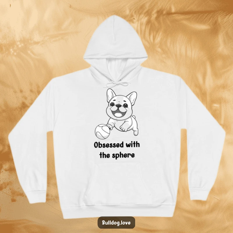 Funny Kawaii bulldog hoodie showing a happy dog playfully chasing a bouncing ball, perfect for cozy and playful moments.