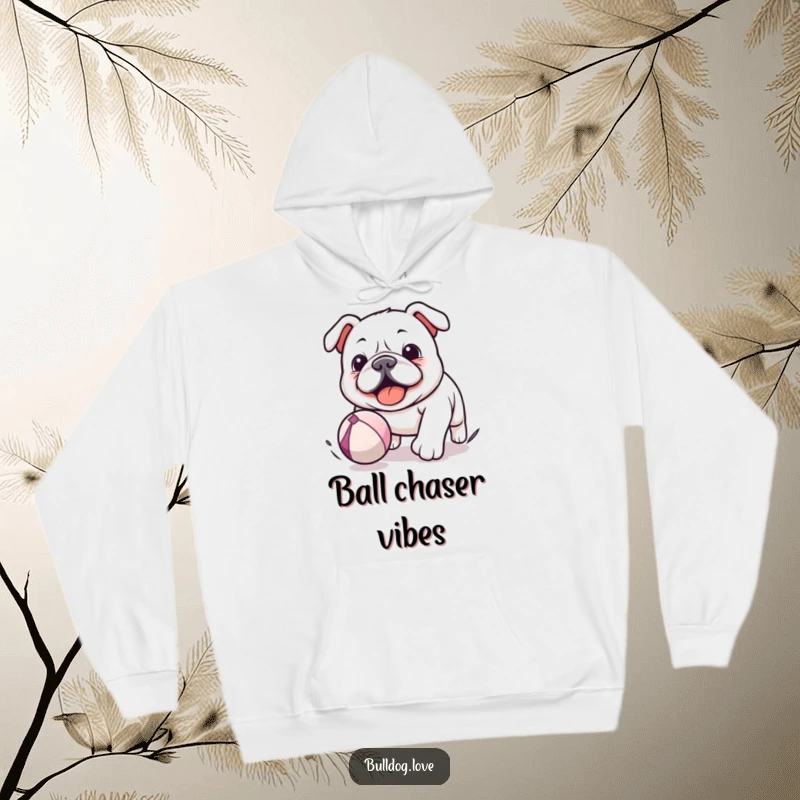 Funny Kawaii Bulldog Hoodie featuring a dog chasing a bouncing ball, providing warmth and a humorous, playful statement.