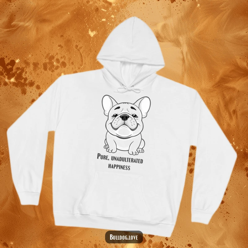 Funny Kawaii bulldog hoodie showing a happy dog with a goofy grin and floppy ears bouncing, perfect for cozy, cheerful days.