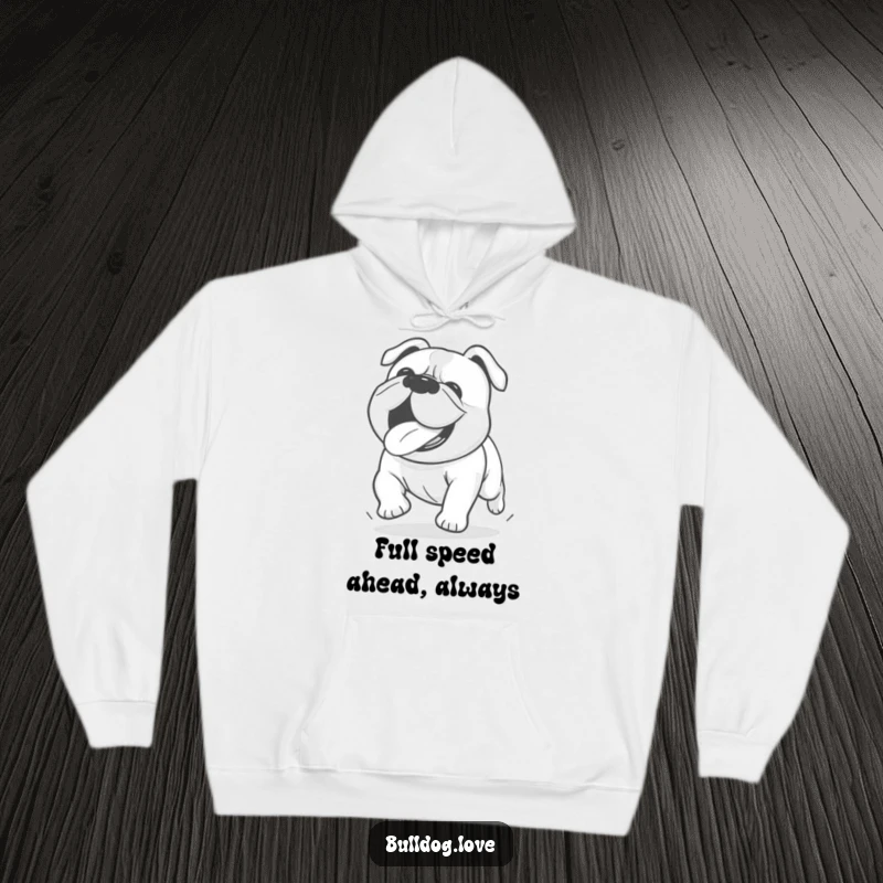 Funny Kawaii bulldog hoodie showing an excited dog running with its tongue out, perfect for active and cozy moments.