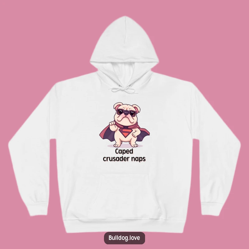 Funny Superhero Bulldog Hoodie: Heroic Pose Cape Comfort, Hilarious Gift for Champions