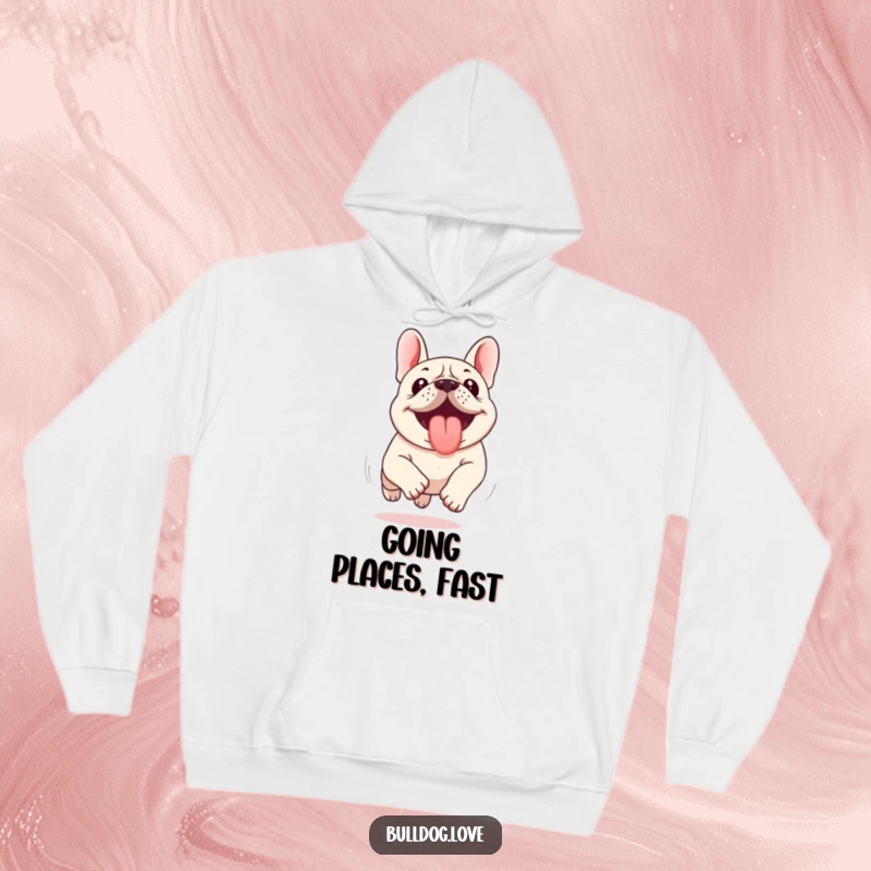 Funny Kawaii Bulldog Hoodie featuring an energetic dog running with its tongue out, providing warmth and a humorous statement.