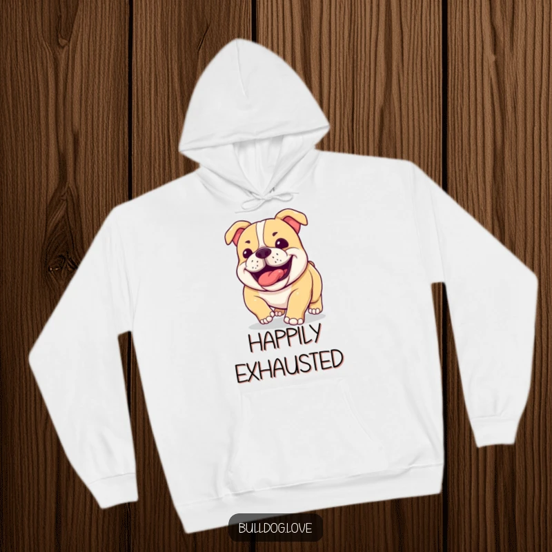 Funny bulldog hoodie with expressive jowls panting happily, ideal for lounging after exercise and staying warm.