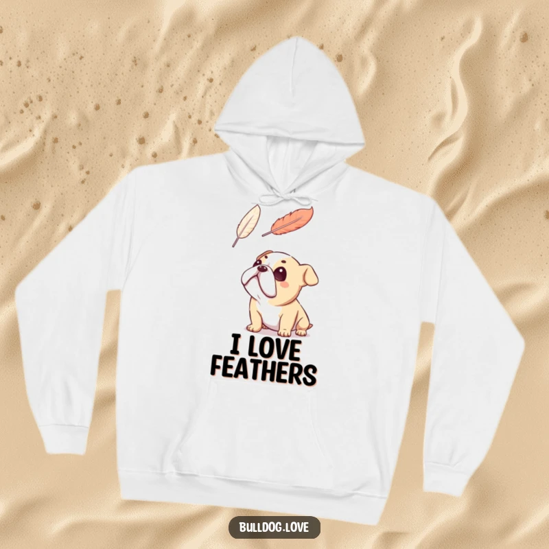 Funny bulldog hoodie, gazing upwards with heartfelt adoration at a tiny floating feather, radiating gentle awe and affection.