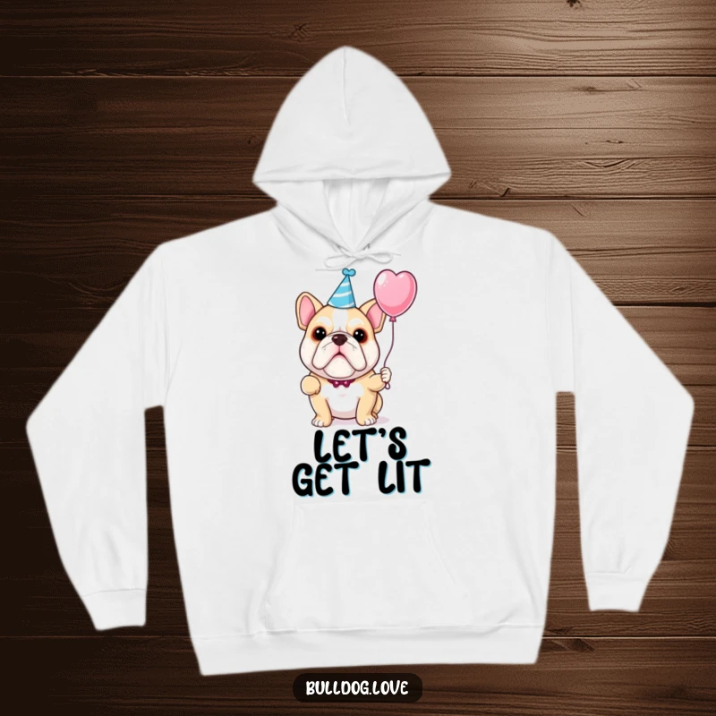 Funny bulldog hoodie featuring a dog wearing a small party hat and holding a single, festive balloon.