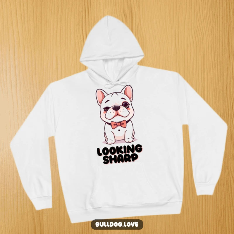 Funny hoodie showcasing a super cute kawaii bulldog with a silly expression and a smart bow tie, radiating charm.