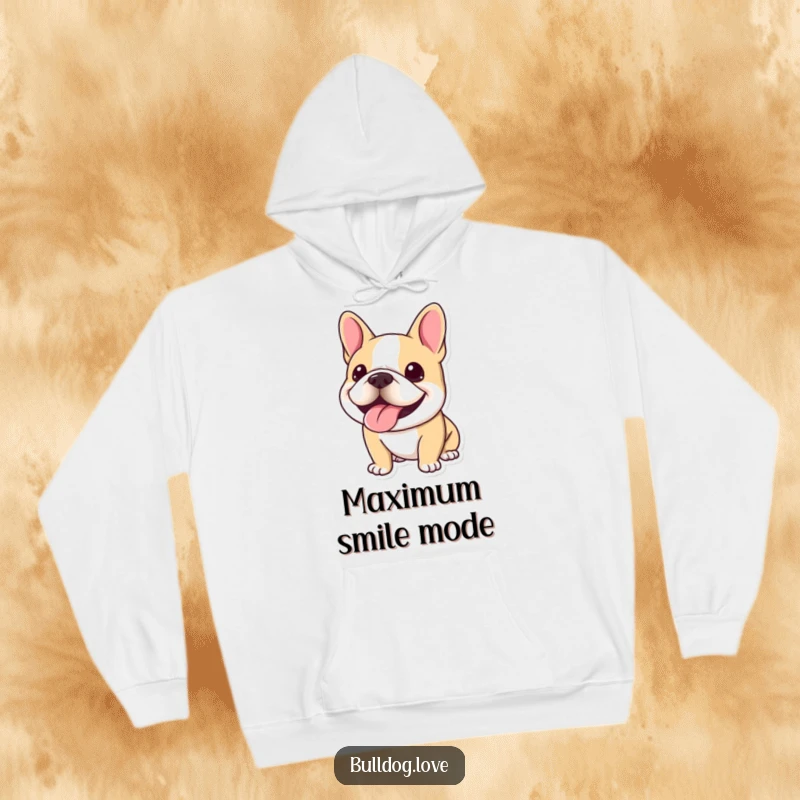 Funny Kawaii Bulldog Hoodie showcasing a dog with a wide, happy panting smile, perfect for cozy, joyful moments.