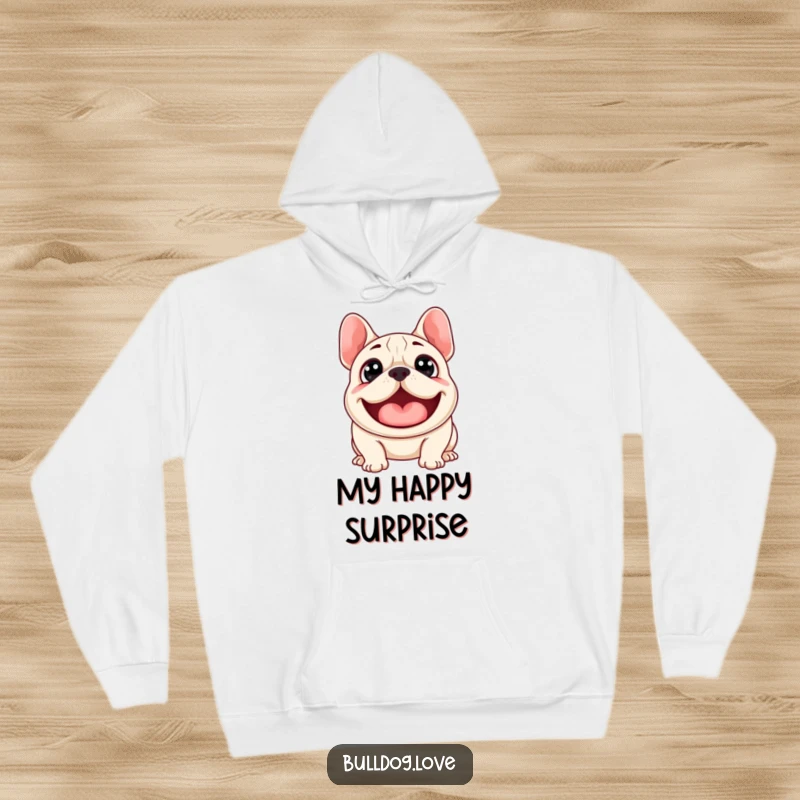 Funny hoodie featuring a surprised bulldog with wide eyes, mid-woof, embodying humorous shock and excitement in a cozy design.