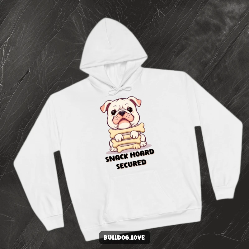 Funny bulldog hoodie, keeping a tower of bones balanced precariously, radiating comical determination, ideal for chilly days.