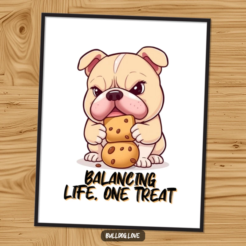 Funny Free Printable Wall Art: A bulldog with a supremely determined expression is carefully attempting to balance a yummy treat on its nose.