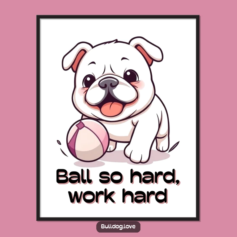 Funny Free Printable Wall Art: Playful Kawaii Bulldog, Ball Chase, Downloadable Decor