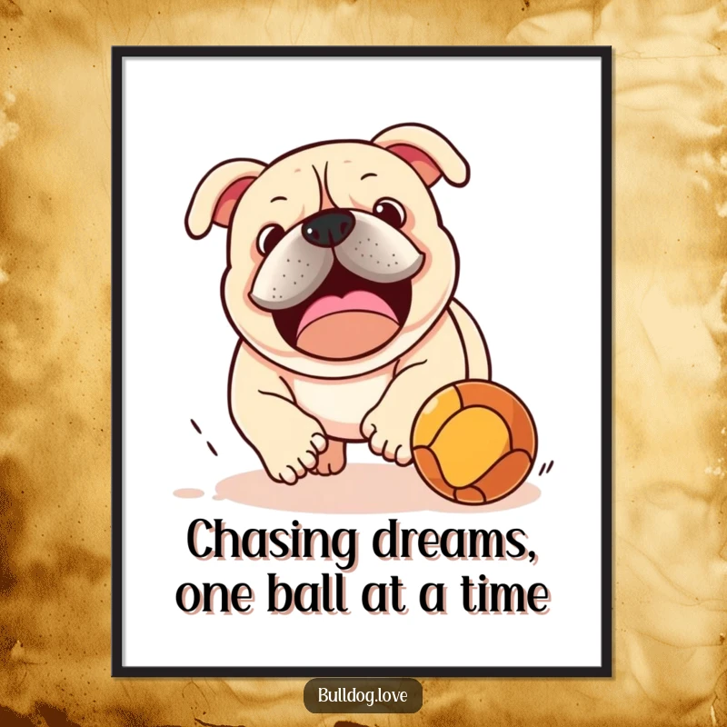 Funny Free Printable Wall Art: A happy bulldog is captured mid-play, energetically chasing a bouncing ball.