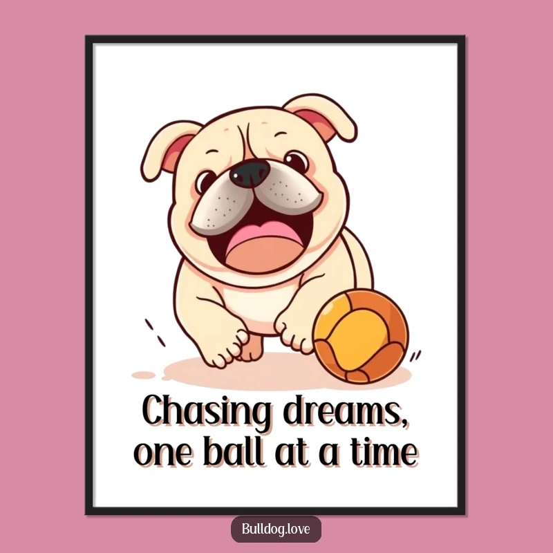 Funny Free Printable Wall Art: Bulldog Chasing Ball - Playful Dog Downloadable Decor