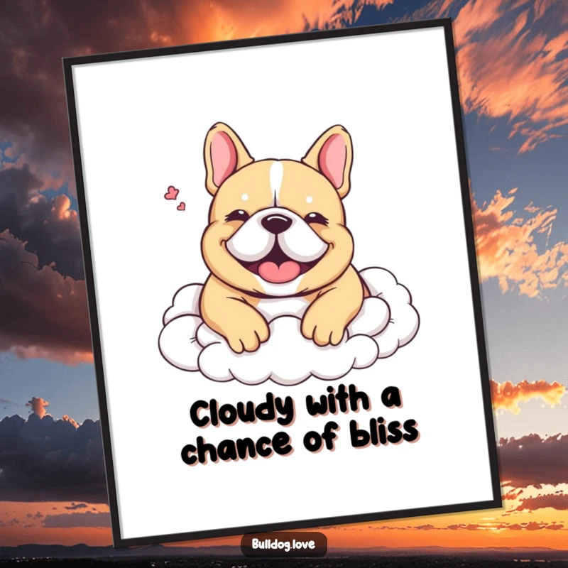 Funny Free Printable Wall Art: A contented bulldog with closed eyes sighs happily, nestled deep within soft, inviting clouds.