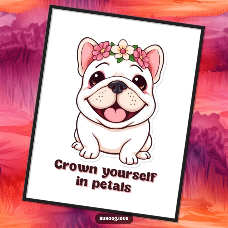 Funny Free Printable Wall Art: A happy bulldog wearing a lush flower crown beams with a wide, infectious smile, full of joy.