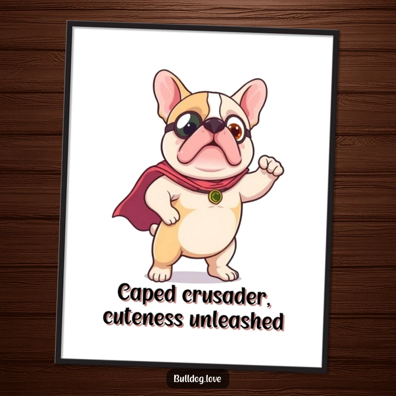Funny Free Printable Wall Art: A determined bulldog wearing a small cape strikes a classic superhero pose, ready for action.