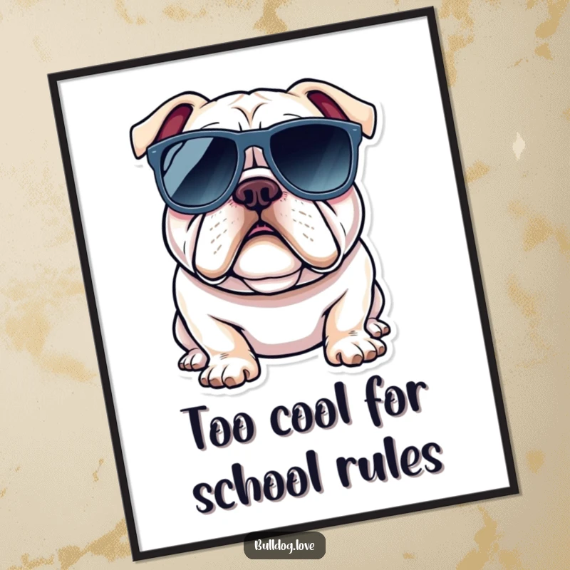 Funny Free Printable Wall Art: A very cool bulldog wearing oversized sunglasses, radiating a chill and effortlessly laid-back personality.