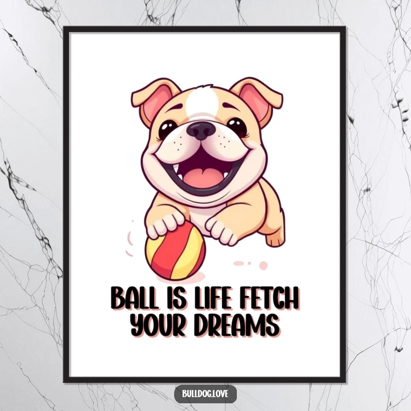 Funny Free Printable Wall Art: A happy, grinning bulldog puppy mid-chase, going wild after a bouncy ball.