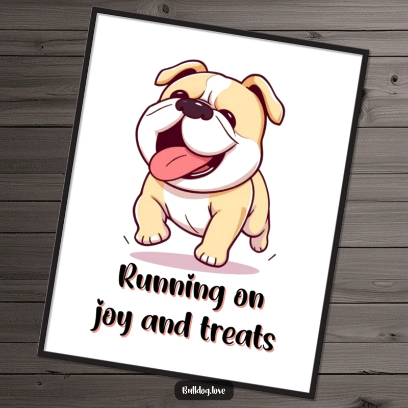 Funny Free Printable Wall Art: Kawaii bulldog running with its tongue out, full of excitement and playful energy.